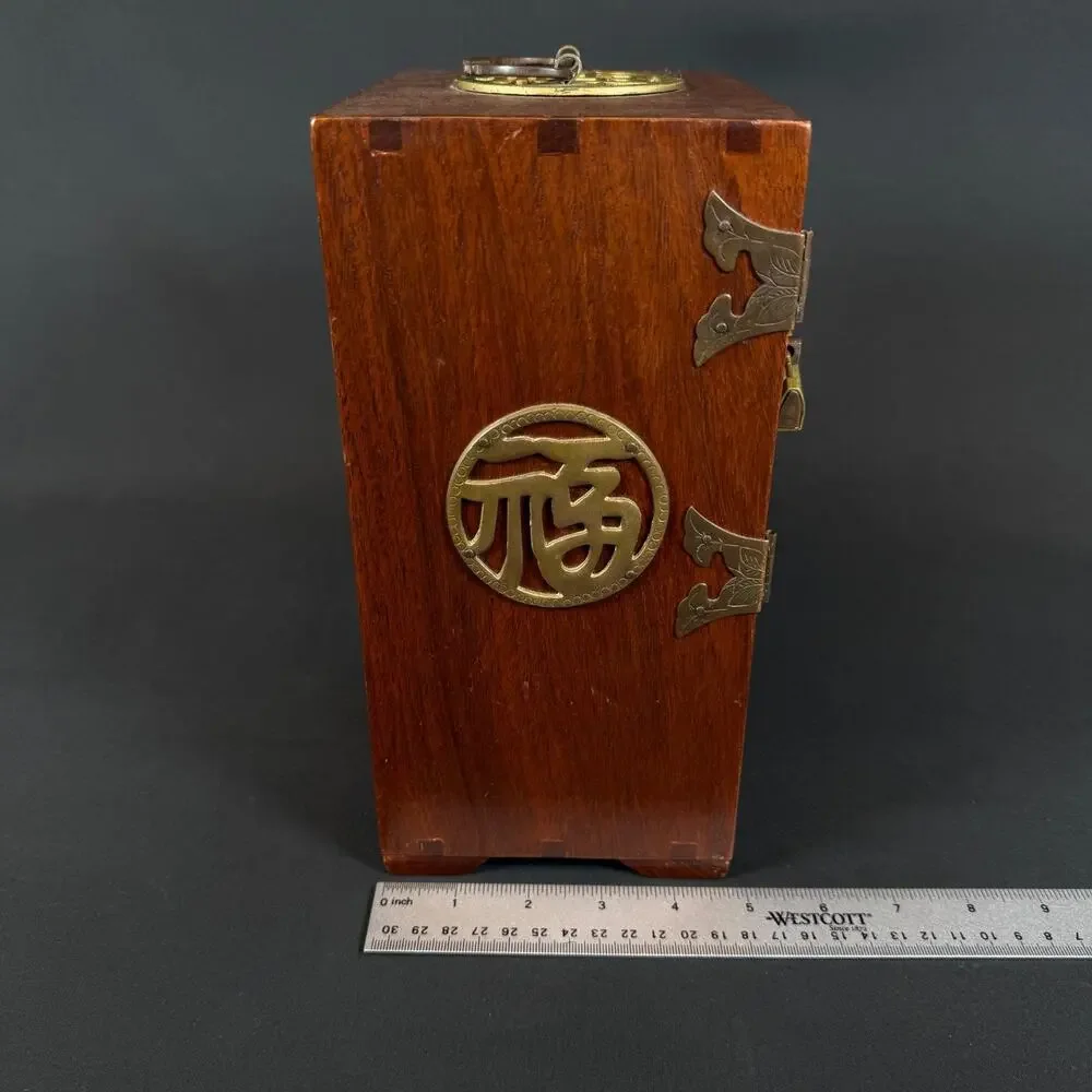 Vintage Chinese Dressing Case Jewelry Box Wood Brass Lined 4 Drawer